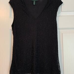 Lauren Ralph Lauren LRL Black V-Neck Tunic Top Blouse Beaded Design Petite L